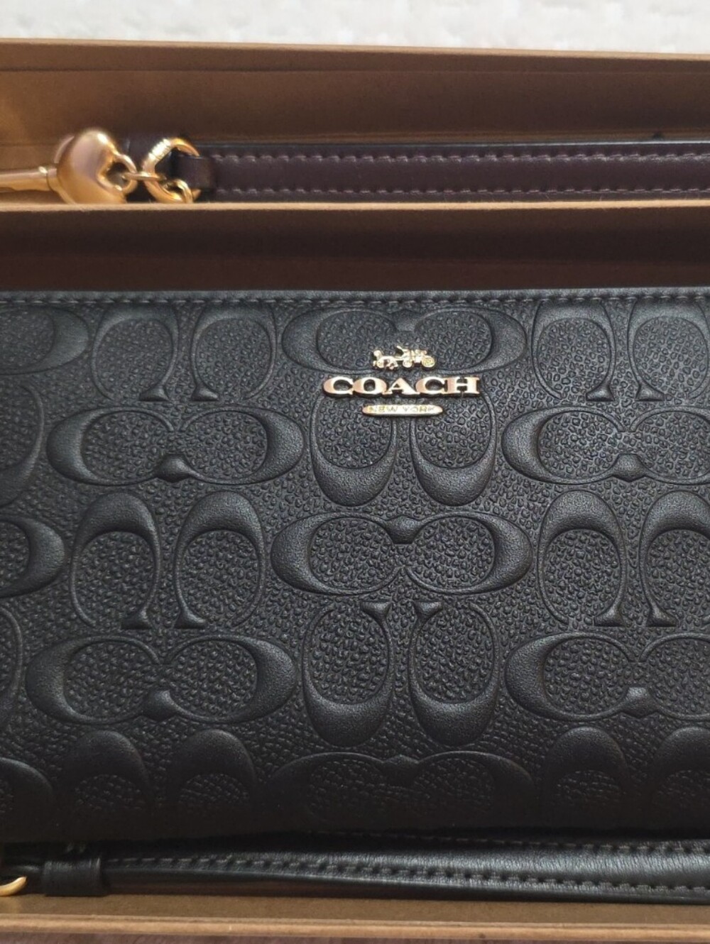 Coach Black Signature Embossed Leather Zip Wristlet